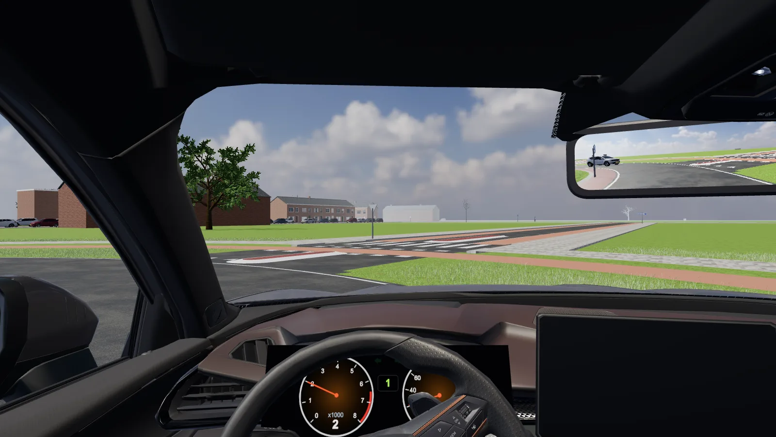 Beeld uit de les “Bordenroute: volg de wegwijzers naar Leemburg” in de rijlessimulator.