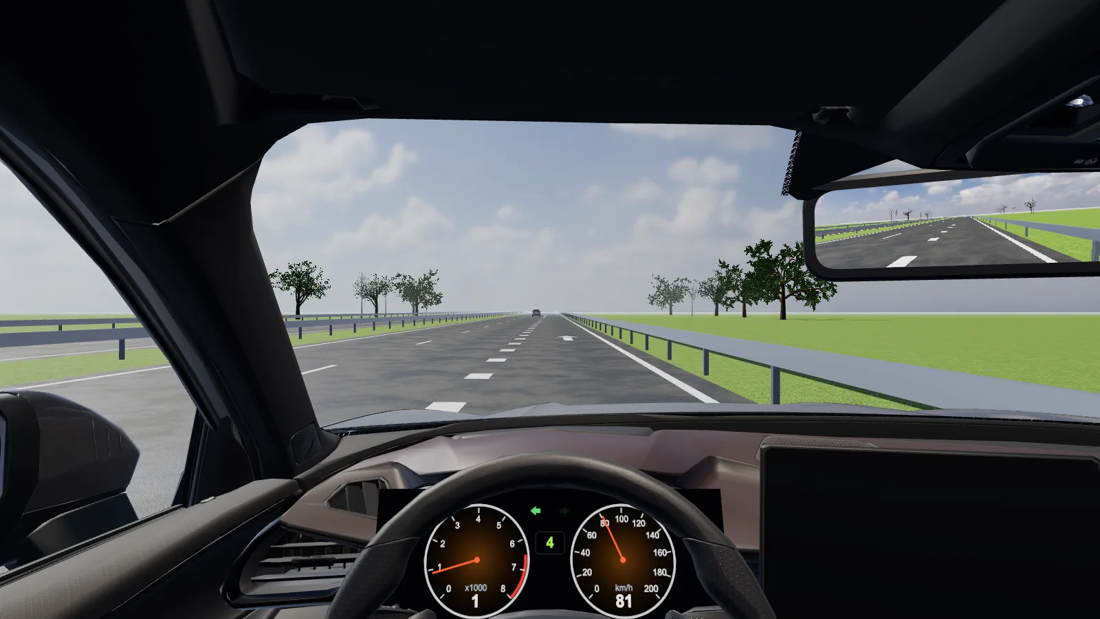 Beeld uit de les “Invoegen op de snelweg” in de rijlessimulator.