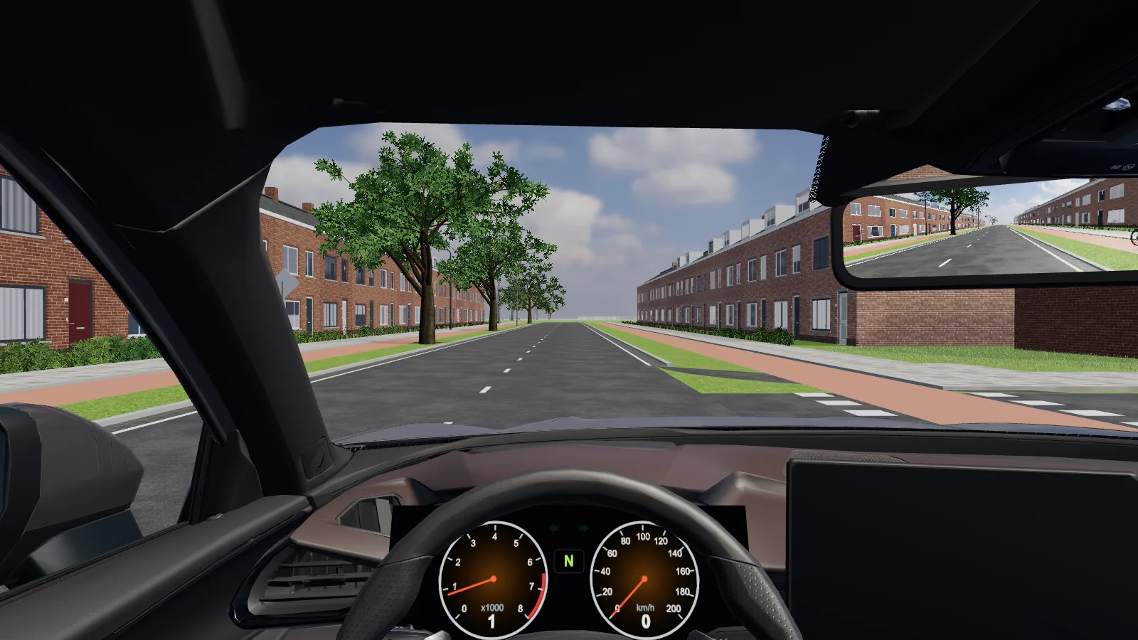 Beeld uit de les “Rechts afslaan” in de rijlessimulator.