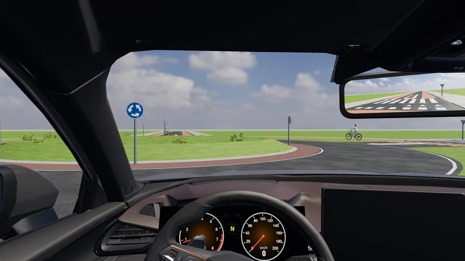 Beeld uit de les “Rotonde binnen de kom” in de rijlessimulator.
