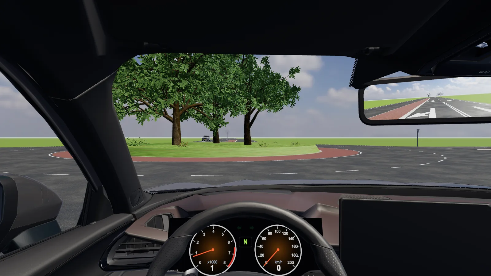 Beeld uit de les “Meerstrooks rotonde” in de rijlessimulator.