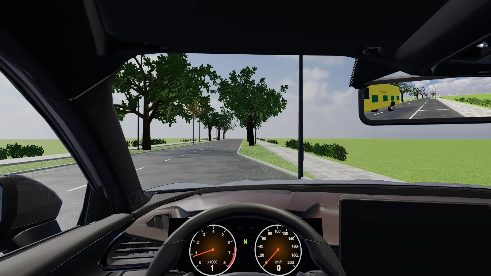 Beeld uit de les “Voorrangsvoertuig achter je” in de rijlessimulator.