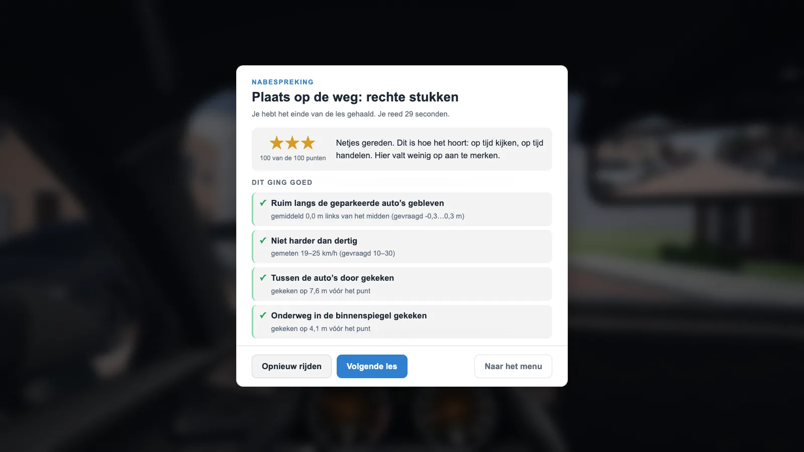 Het resultaatscherm van een les met sterren en een nabespreking per beoordelingspunt.