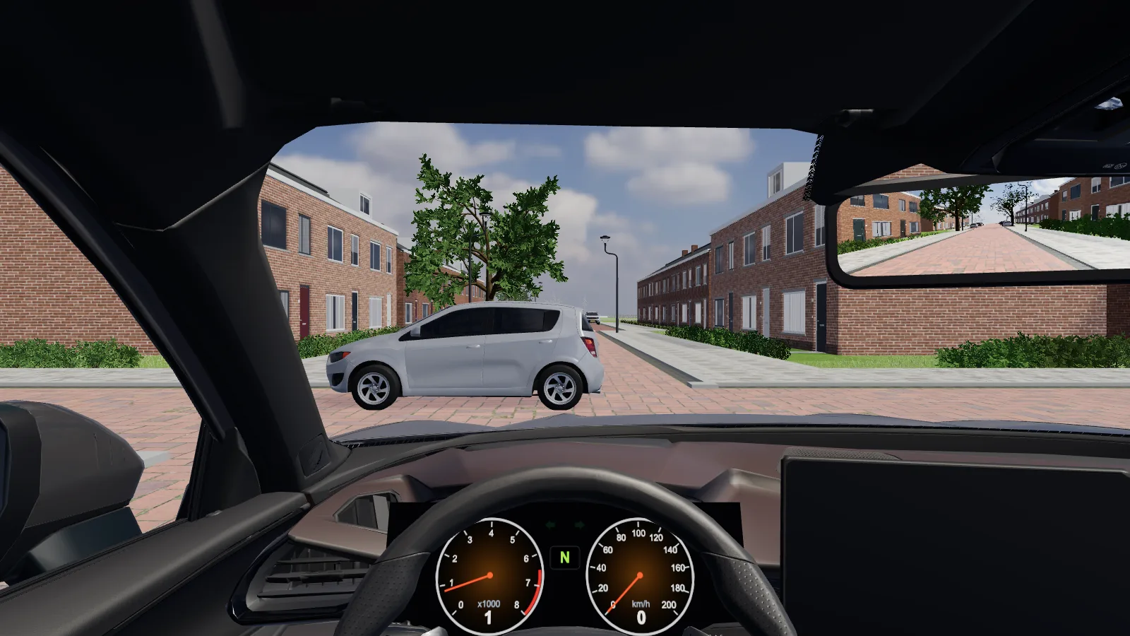 Een gelijkwaardig kruispunt in de simulator met een auto die van rechts nadert.